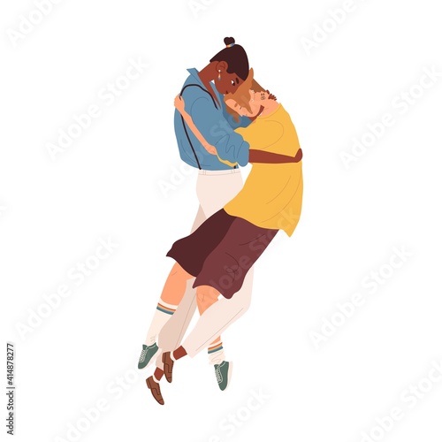Interracial LGBT couple of young men hugging. Intimacy between gays or homosexual romantic partners. Enamored modern guys. Colored flat vector illustration isolated on white background