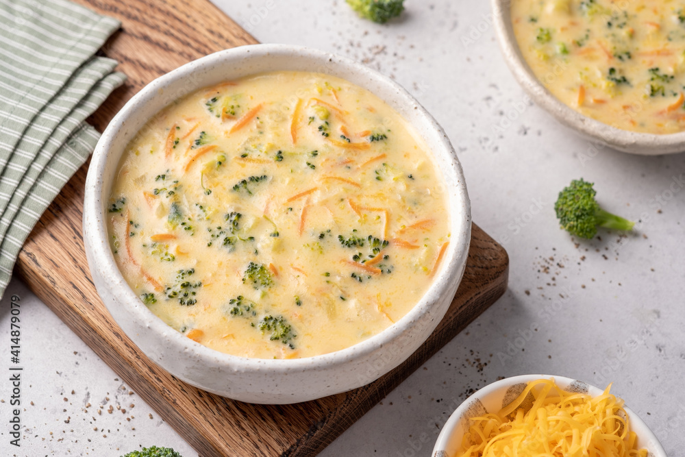 Bowl of broccoli and cheddar cheese soup