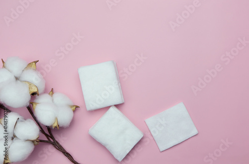 Dried white fluffy cotton flower cotton swabs and cotton pads on pink background.