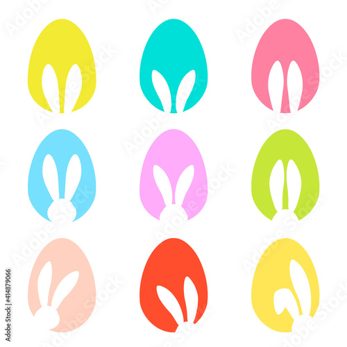 Bunny ears and Easters eggs shapes silhouette - traditional symbol of holiday, big colorful set. Happy Easter design elements. Simple vector illustration for poster, card or banner. Icons collection