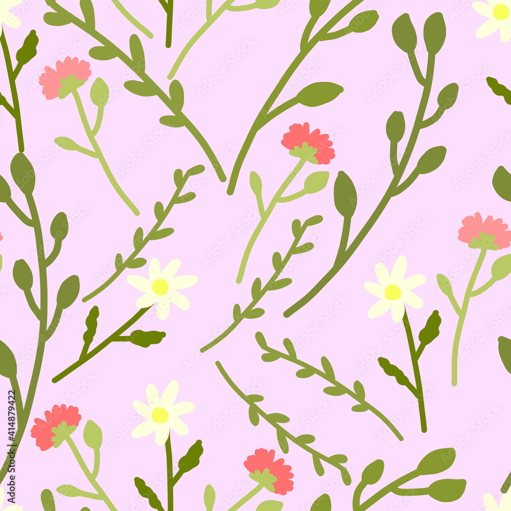 Vector seamless pattern with flowers on a pink background. Vector seamless pattern with flowers on a pink background.