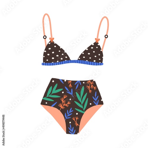 Stylish female swimsuit. Fashionable women swimwear with floral pattern on panties and polka dot on triangle cups. Bikini top and bottom. Flat colored vector illustration isolated on white background