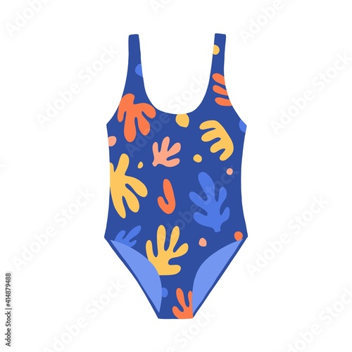 Female one-piece swimsuit. Modern blue swimwear with bright multicolor pattern. Women swimming clothes. Flat colorful vector illustration isolated on white background