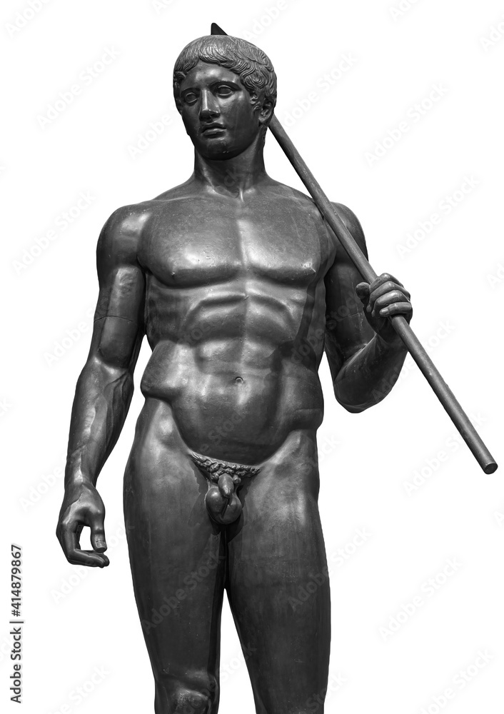 Ancient naked strong man sculpture. Young male athlete with spear statue isolated on white background Ancient naked strong man sculpture. Young male athlete with spear statue isolated on white background