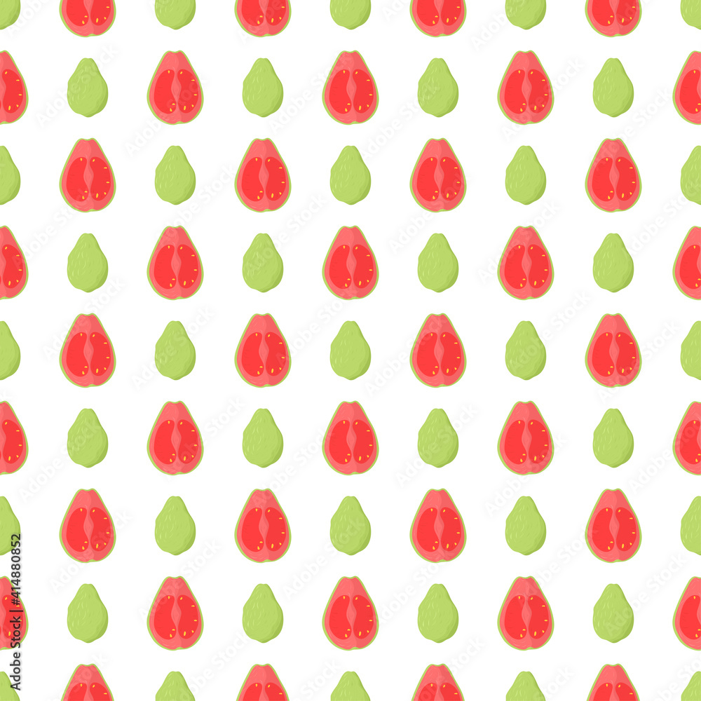 Chess seamless pattern with guava fruit cut in half pink with yellow seeds and whole green. Nature food vector illustration. Organic textile. Healthy food on white background. Chess seamless pattern with guava fruit cut in half pink with yellow seeds and whole green. Nature food vector illustration. Organic textile. Healthy food on white background.