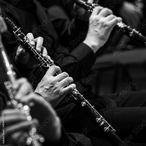  Hands of a musician playing the oboe close-up in black and white