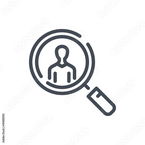 Recruitment and Search for an employee line icon. Magnifier with business person vector outline sign.