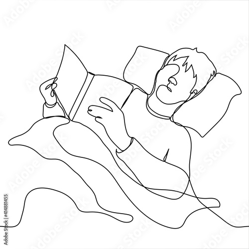 man lies in bed and reads a paper book - one line drawing. Bedtime reading concept, reading traditional hard copy books