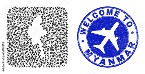 Vector mosaic Myanmar map of sky jet items and grunge Welcome badge. Mosaic geographic Myanmar map created as carved shape from rounded square shape with sky jets.