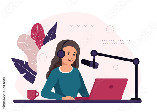 Podcast concept illustration. Female podcaster talking to microphone recording podcast in studio. Concept of internet online radio