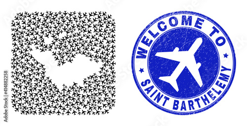 Vector mosaic Saint Barthelemy map of airlines items and grunge Welcome stamp. Mosaic geographic Saint Barthelemy map designed as stencil from rounded square shape with aircrafts.