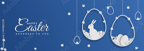 Easter card with hanging egg shaped paper frame with spring flowers on blue background.Easter bunny vector illustration.