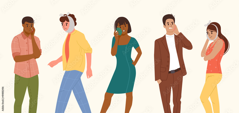 Obraz premium Set of different people with toothache. Sad patients suffer, cry from dental problem. Cartoon vector illustration isolated on white background.