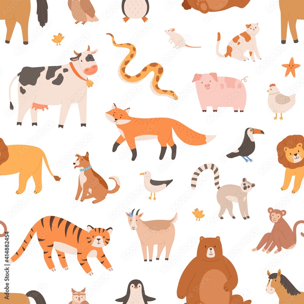 Seamless pattern design with cute baby animals on white background. Endless repeatable texture with monkey, tiger, bear and fox. Childish decoration for printing. Colored flat vector illustration Seamless pattern design with cute baby animals on white background. Endless repeatable texture with monkey, tiger, bear and fox. Childish decoration for printing. Colored flat vector illustration