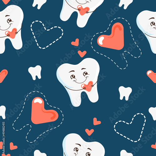 Seamless pattern with cartoon tooth and heart character. Vector background for pediatric dentistry