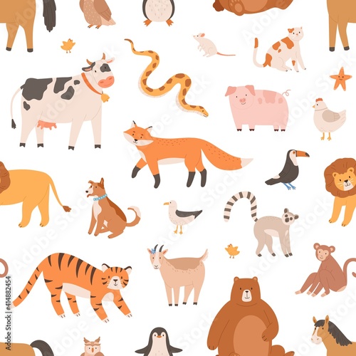 Seamless pattern design with cute baby animals on white background. Endless repeatable texture with monkey, tiger, bear and fox. Childish decoration for printing. Colored flat vector illustration © Good Studio