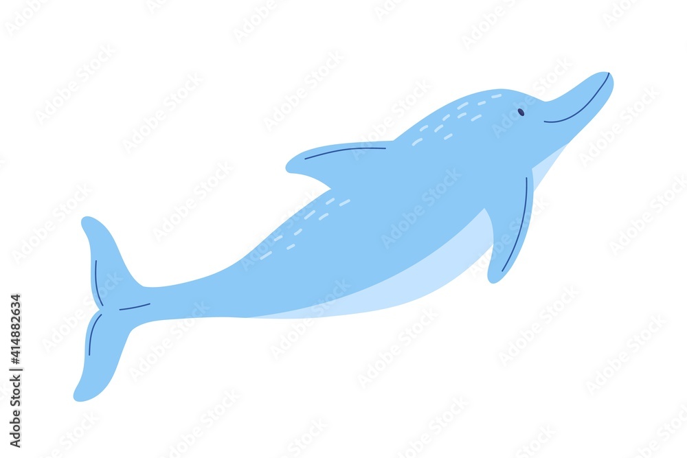 Adorable blue dolphin isolated on white background. Side view of cute friendly fish. Childish character. Colored flat cartoon vector illustration Adorable blue dolphin isolated on white background. Side view of cute friendly fish. Childish character. Colored flat cartoon vector illustration