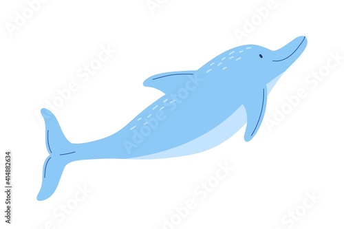 Adorable blue dolphin isolated on white background. Side view of cute friendly fish. Childish character. Colored flat cartoon vector illustration