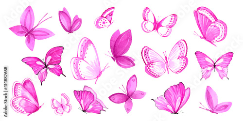 Fototapeta Naklejka Na Ścianę i Meble -  Large watercolor set of pink butterflies for invitations, design