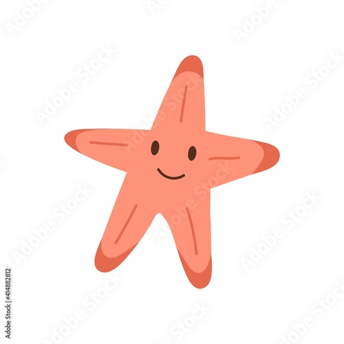 Cute smiling starfish isolated on white background. Happy underwater animal with eyes and mouth. Childish character. Colored flat cartoon vector illustration