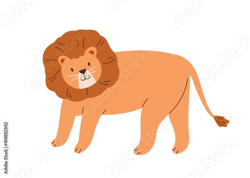 Cute lion with thick mane isolated on white background. Funny feline animal. Childish character. Colored flat cartoon vector illustration