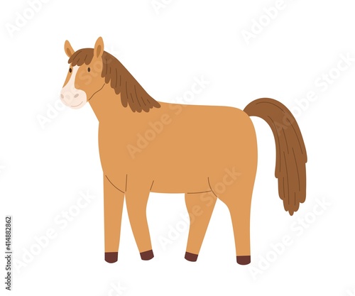 Cute brown horse isolated on white background. Smiling little pony. Funny childish character. Colored flat cartoon vector illustration