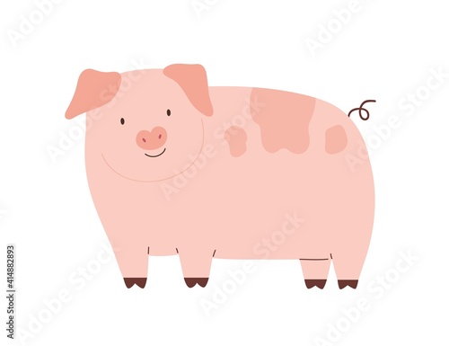 Happy funny pig isolated on white background. Cute pink piglet with hooked tail. Childish colored flat cartoon vector illustration