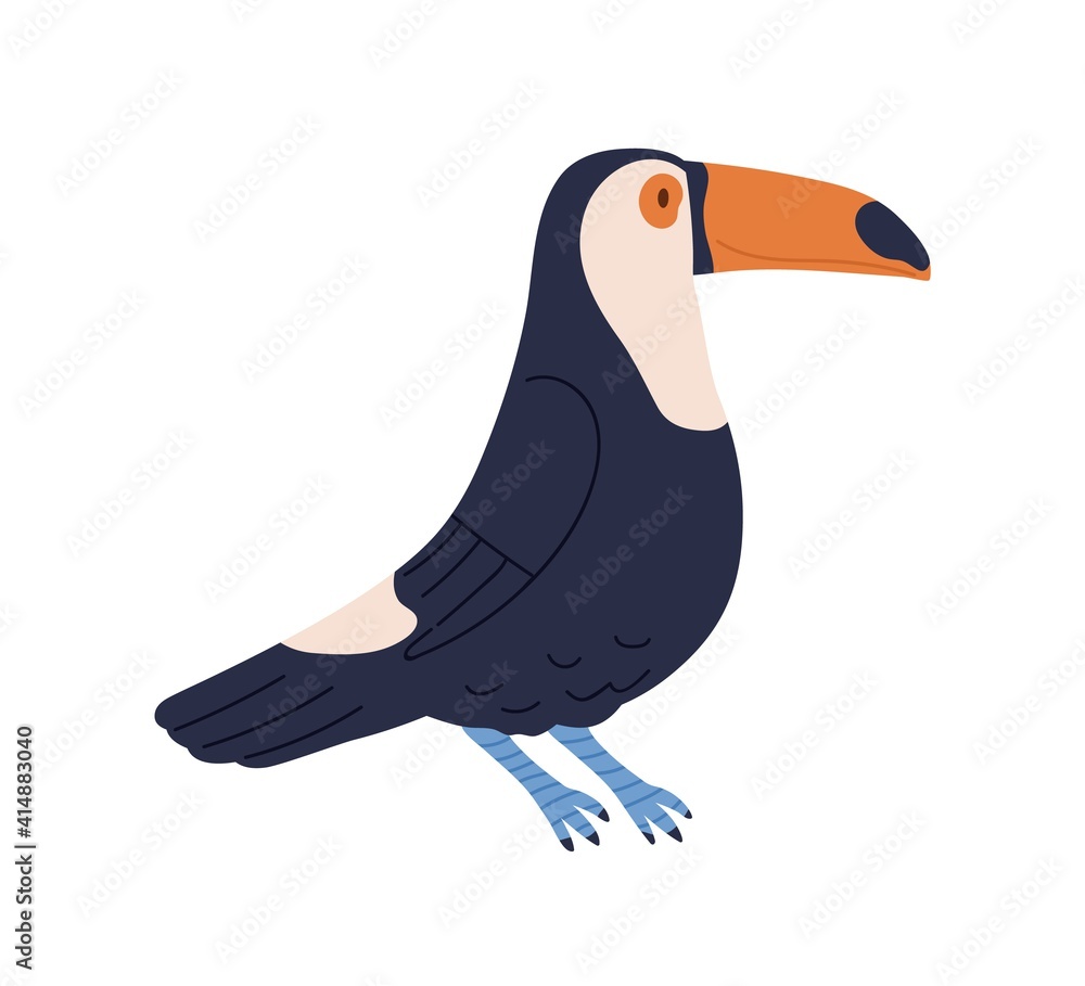 Fototapeta premium Cute toucan or tucan. Funny tropical bird with long yellow beak. Exotic animal character. Colorful flat cartoon vector illustration isolated on white background