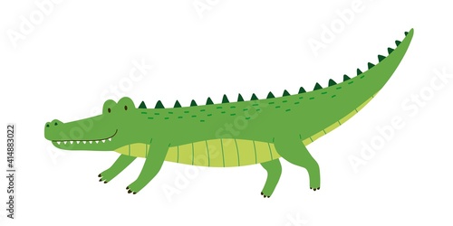 Cute friendly green crocodile with raised tail. Side view of happy smiling alligator isolated on white background. African wild gator. Childish colored flat cartoon vector illustration