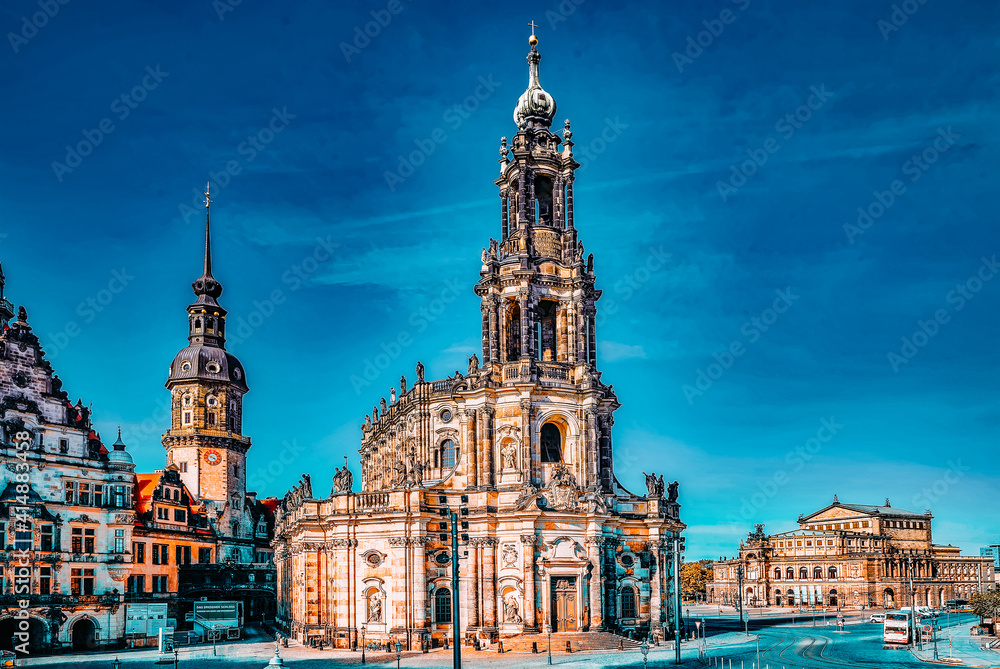DRESDEN, GERMANY-SEPTEMBER 08, 2015 : Theatre Square (Theaterplatz) in the historic center of Dresden,to the right-Katholische Hofkirche. Center of the Old Town.Saxony, Germany.