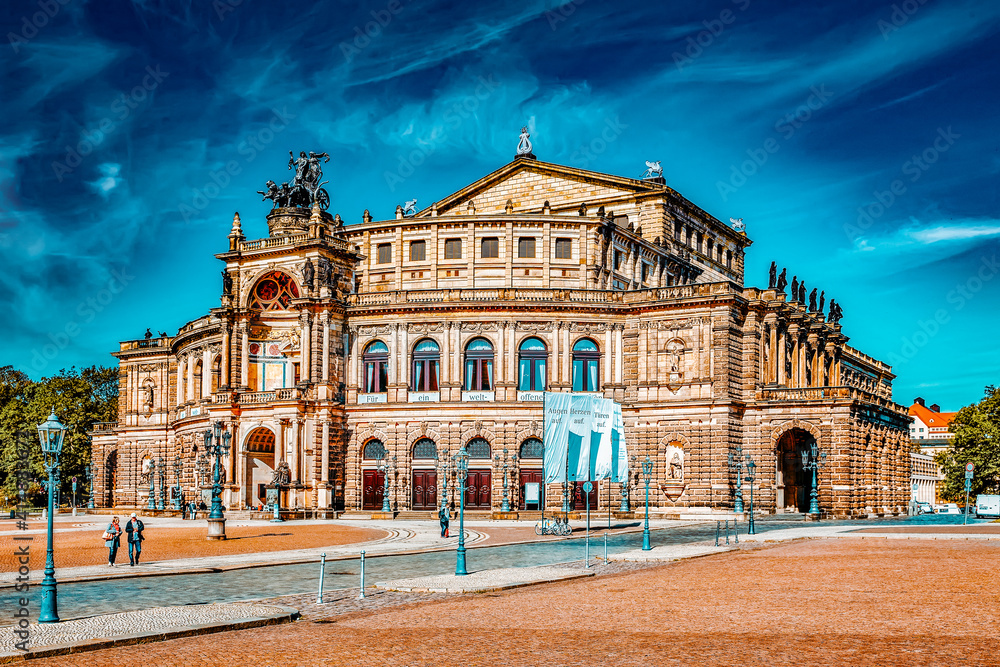 DRESDEN,GERMANY-SEPTEMBER 08,2015: Semperoper is the opera house of the Sachsische Staatsoper Dresden (Saxon State Opera) and the concert hall of the Sachsische Staatskapelle Dresden. Saxony, Germany.