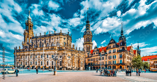 DRESDEN, GERMANY-SEPTEMBER 08, 2015 : Theatre Square (Theaterplatz) in the historic center of Dresden,to the right-Katholische Hofkirche. Center of the Old Town.Saxony, Germany.