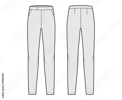 Pants cigarette technical fashion illustration with extended low waist, rise, full length, slant slashed pockets. Flat bottom apparel template front, back, grey color. Women men unisex CAD mockup