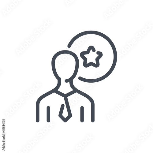 Business person with star in circle line icon. Customer feedback vector outline sign.
