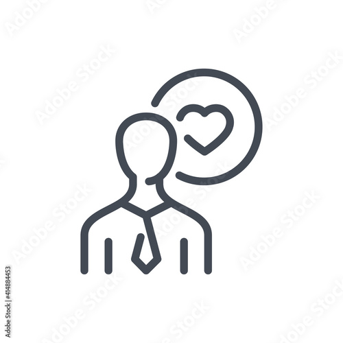 Business person with heart in circle line icon. Customer feedback vector outline sign.