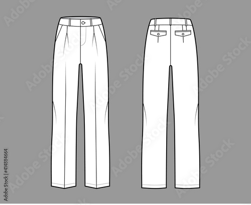 Pants tailored technical fashion illustration with low waist, rise, slant slashed flap pockets, single pleat, belt loops. Flat casual bottom trousers front, back, white color. Women unisex CAD mockup