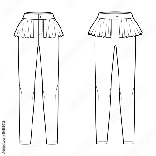 Set of Pants peplum technical fashion illustration with extended normal low waist, high rise, full length, frilled skirt. Flat bottom trousers apparel template front, white color. Women CAD mockup