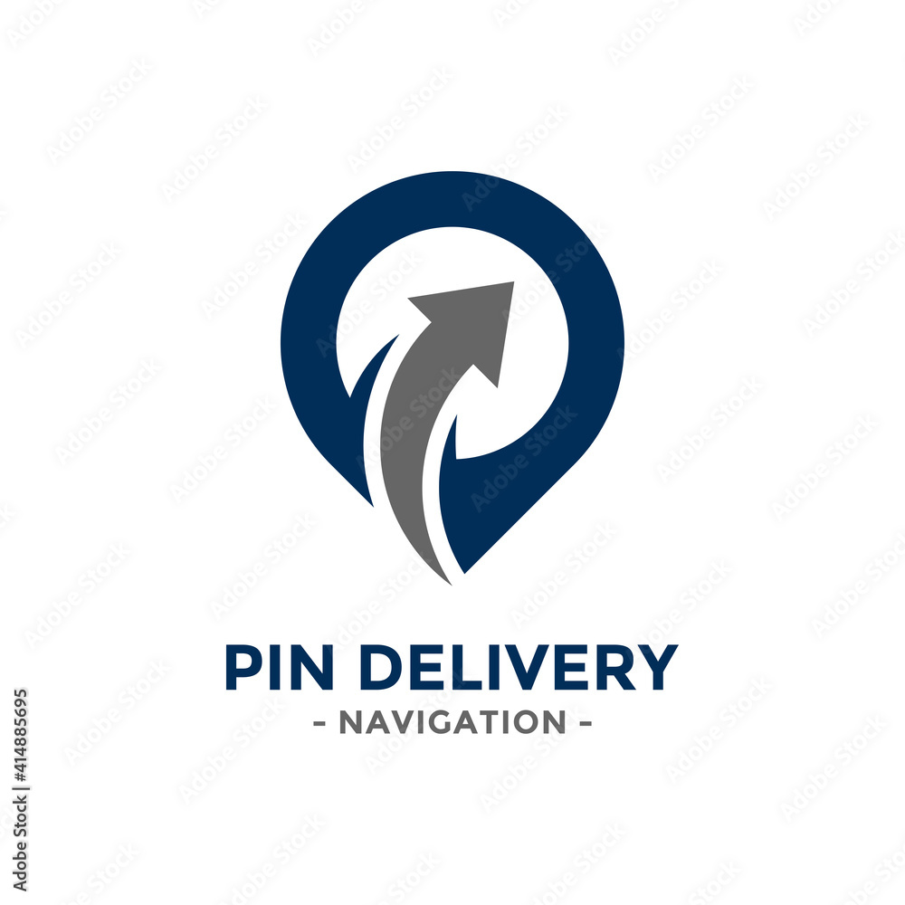 Pin delivery logo design template. Gps map point icon with arrow combination. Concept of logistics, cargo, order, send, move, route, etc. Pin delivery logo design template. Gps map point icon with arrow combination. Concept of logistics, cargo, order, send, move, route, etc.