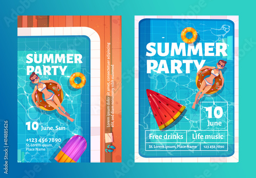 Summer party cartoon flyers with woman in swimming pool on inflatable ring top view. Invitation card or poster for summertime vacation entertainment with free drinks and live music vector illustration