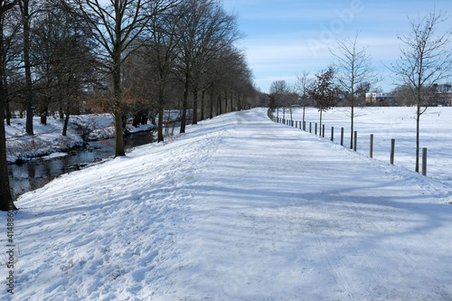 Snowy winter with a path leading forward and trees on both sides © lensw0rld