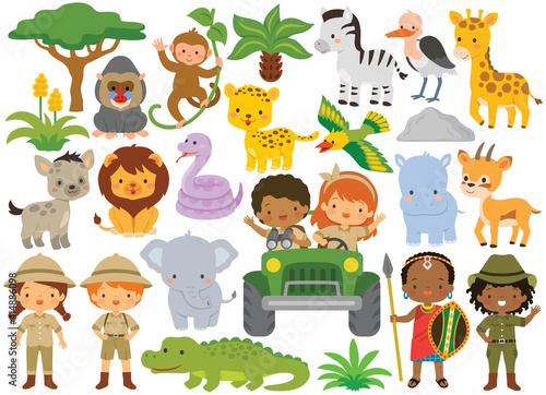 Safari animals and kids. Clipart set with wild animals and people in the African savanna. 