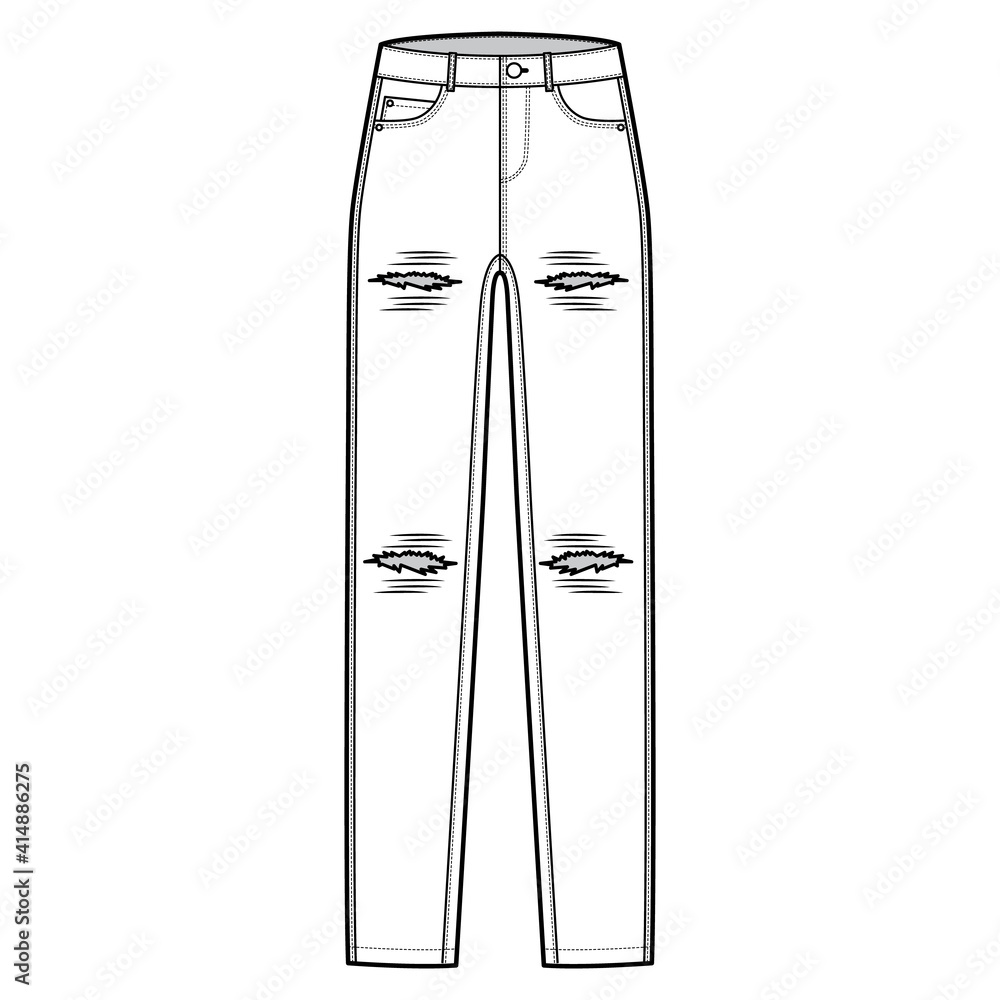 Printable Rib Jeans Ripped Jeans distressed Denim pants technical fashion illustration with ...