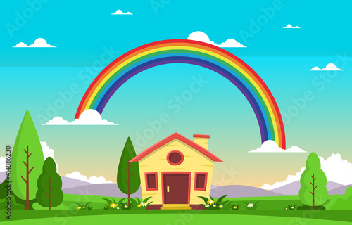 Little House with Rainbow Summer Nature Landscape Illustration