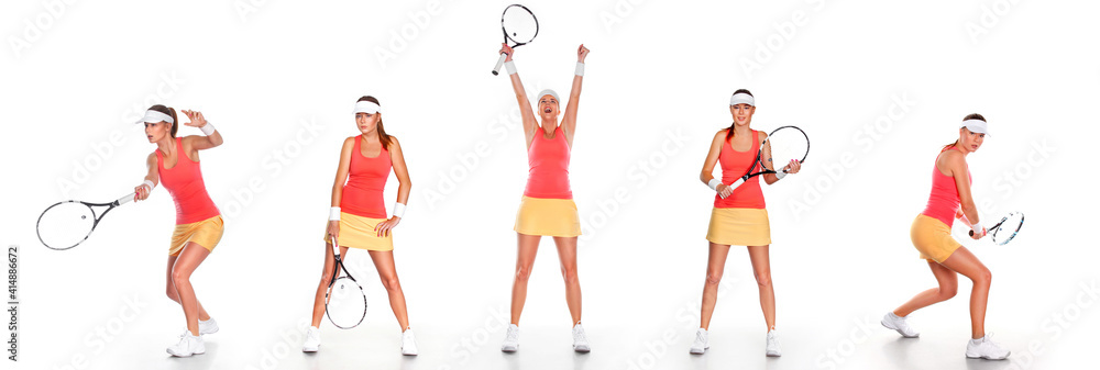 Tennis player with racket. Woman athlete isolated on white background. Tennis set with five players. Tennis player with racket. Woman athlete isolated on white background. Tennis set with five players.