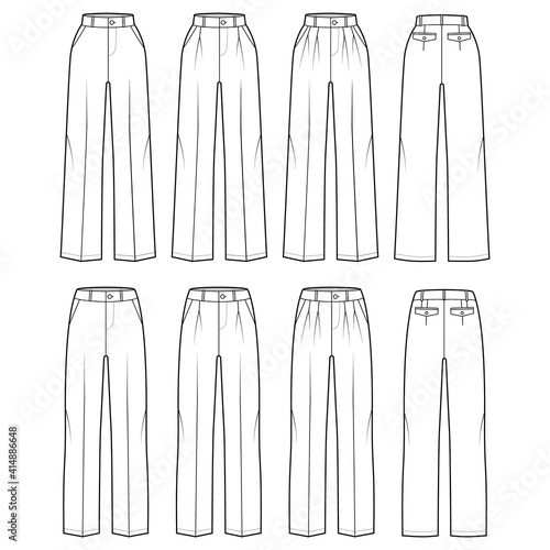Set of Pants tailored technical fashion illustration with normal low waist, high rise, full length, slant slashed pockets. Flat trousers apparel template front, back, white color. Women men CAD mockup
