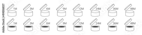 Period after opening. Expiration icons set. PAO icons. Expiration period in months icons for cosmetic packaging. Concept icons. Vector illustration