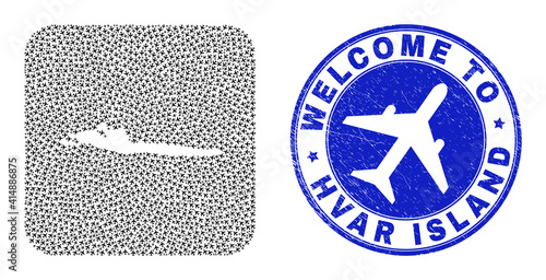 Vector collage Hvar Island map of aircraft elements and grunge Welcome seal. Mosaic geographic Hvar Island map constructed as hole from rounded square with airways. photo