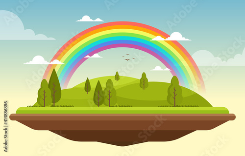 Beautiful Floating Landscape Rainbow Summer Nature Illustration