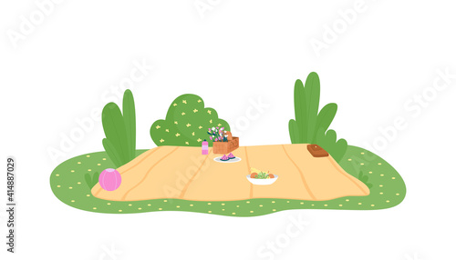 Picnic blanket 2D vector web banner, poster. Table cloth, basket with flowers. Outdoor activity flat scene on cartoon background. Seasonal spring recreation printable patch, colorful web element