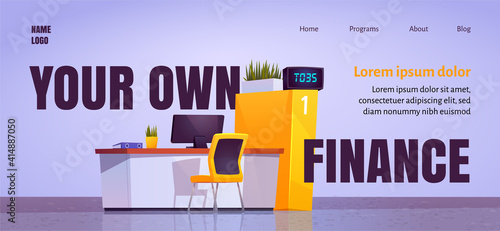 Your own finance cartoon landing page with bank office staff desk in lobby, workplace with computer on table and chair for client. Banking service assistance, money transaction, vector web banner